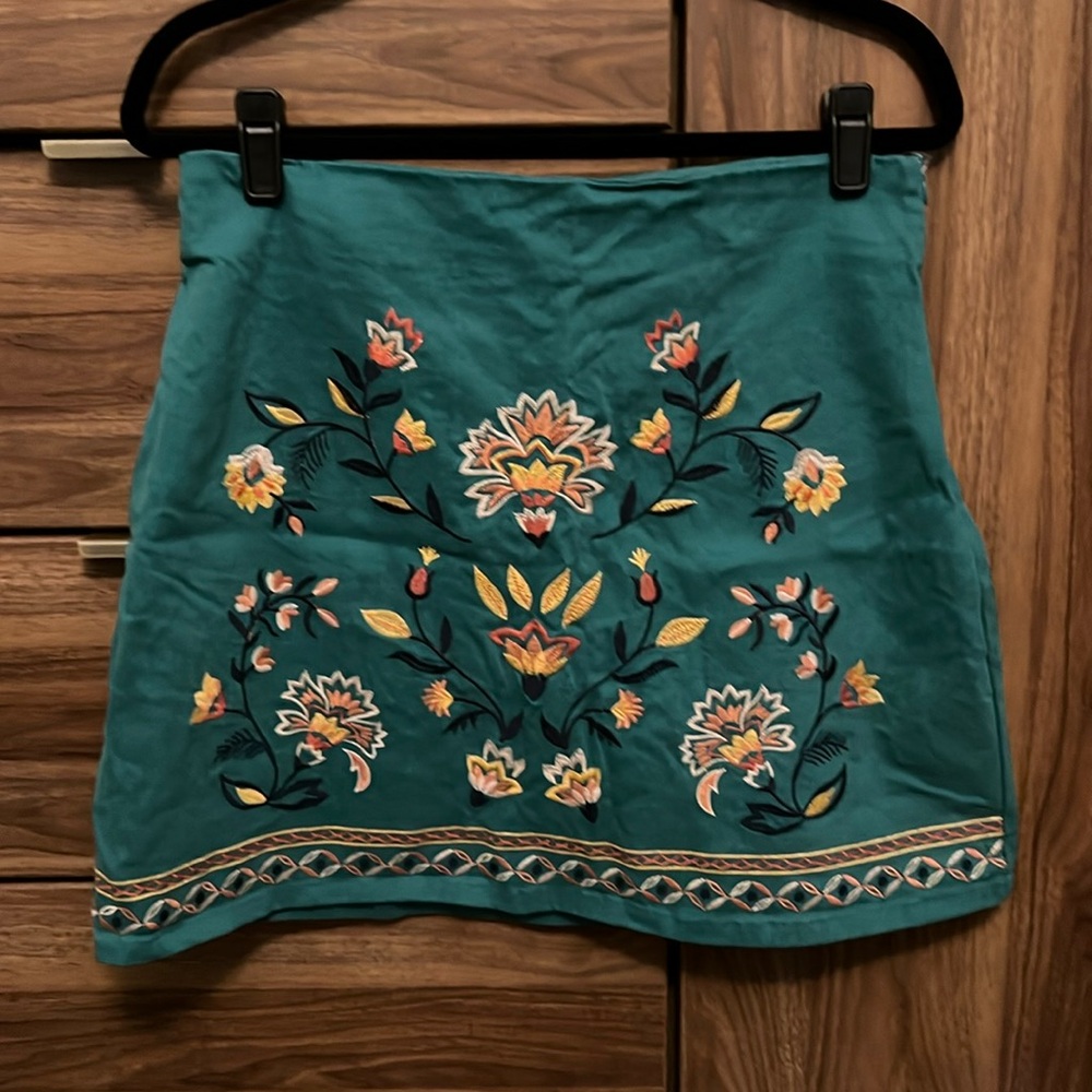 miami teal embroidered mini skirt